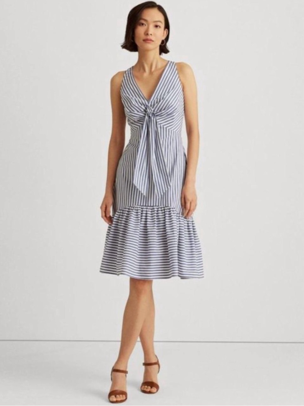 Ralph Lauren Blue and White Striped Tie-Front Midi Dress
